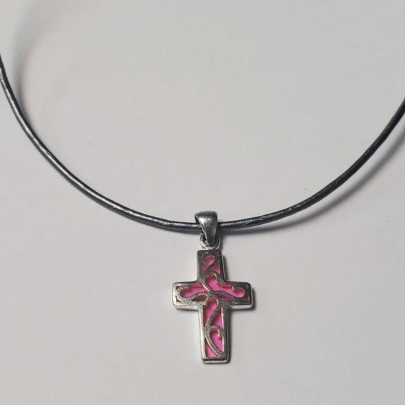 Silver Crystal Cross and Pink tone and Leather Chord 15" Necklace - Picture 1 of 4